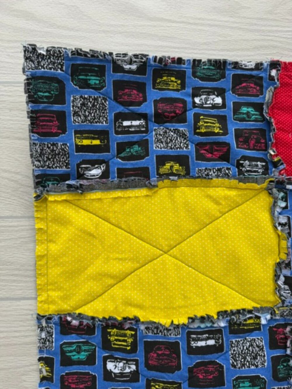 Homemade Small Blue, Red, Yellow & White Rag Quilt/Baby Blanket - Picture 5 of 9